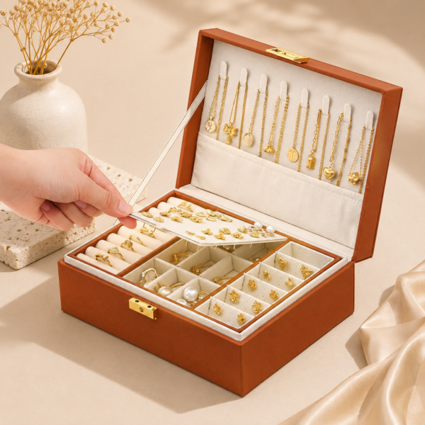 Double Layer Rectangle Leather Jewelry Organizer Box-05
