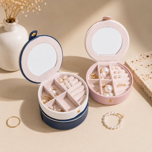Single Layer Portable Round Jewelry Storage Box With Mirror-01